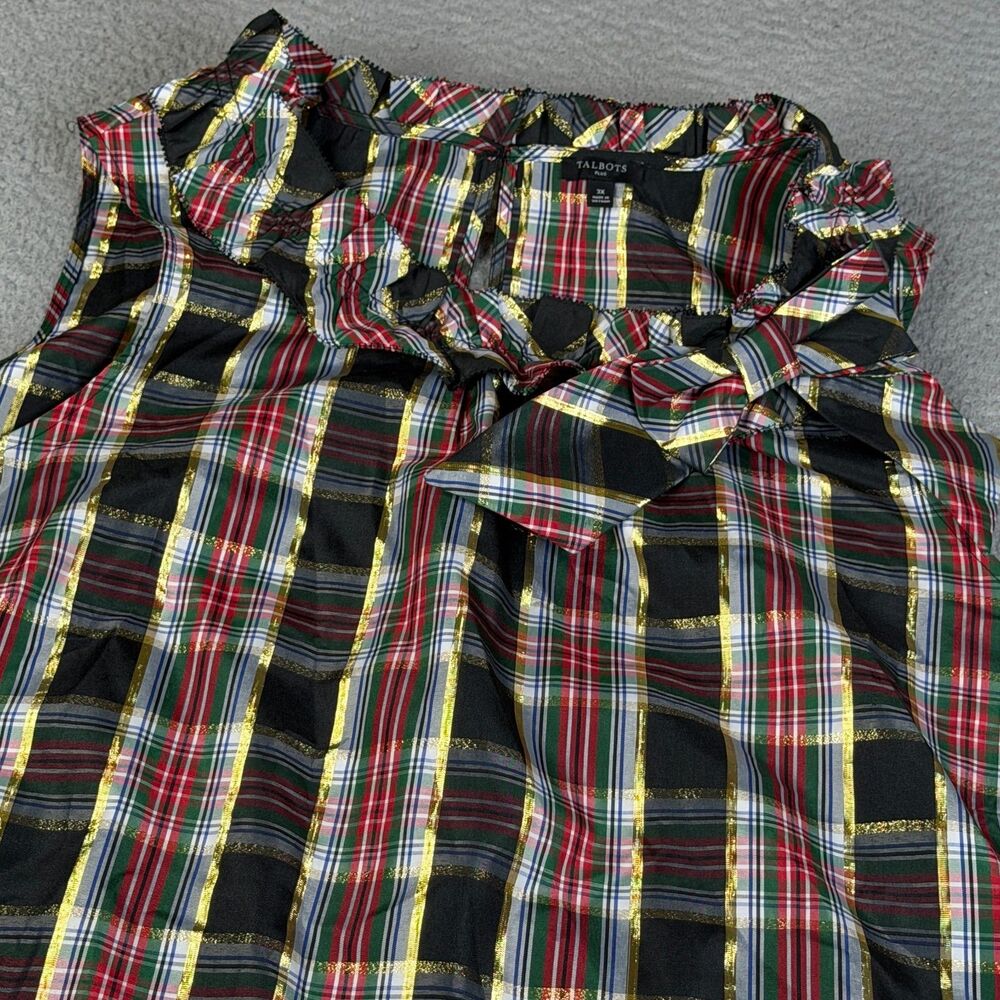 TALBOTS Blouse 3X Red Black Plaid Sleeveless Metallic Bow Holiday Christmas